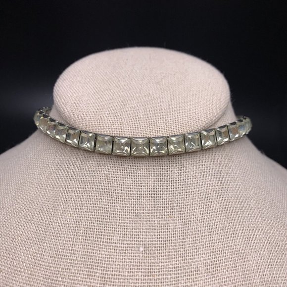 Clear Square Rhinestone Choker Necklace Silver Tone Single Row Classic Vintage - Picture 1 of 7